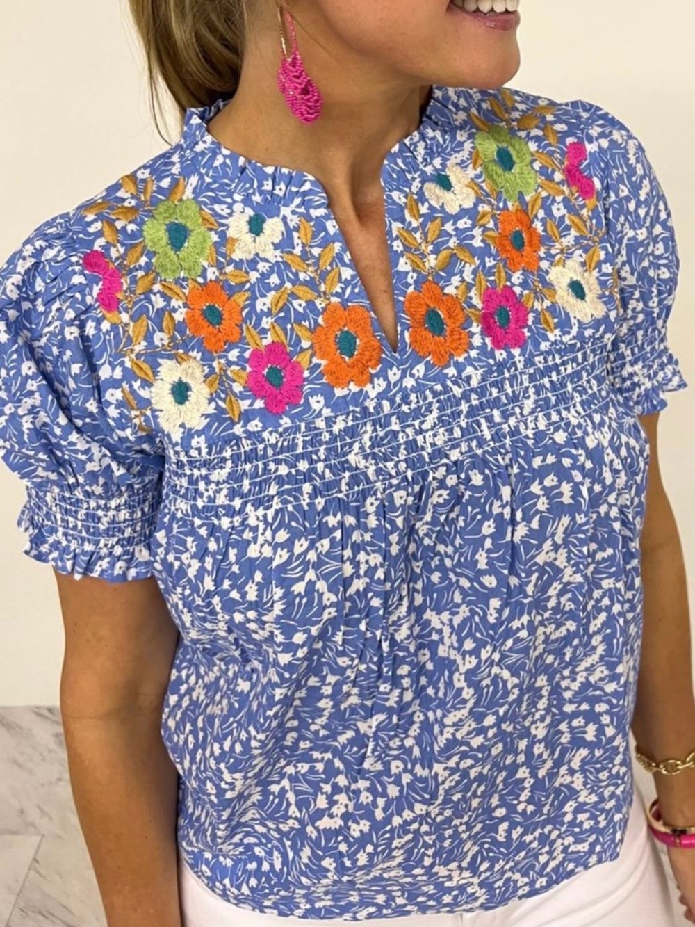 THML Blue Floral Embroidered Smocked Short Sleeve Top